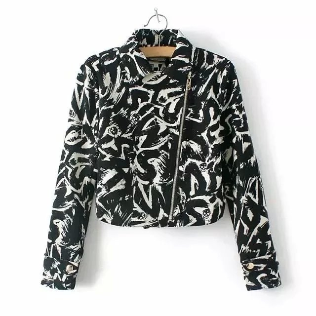 Fashion Women punk style black Print Jacket long sleeve zipper turn-down collar vintage casual jaqueta feminina