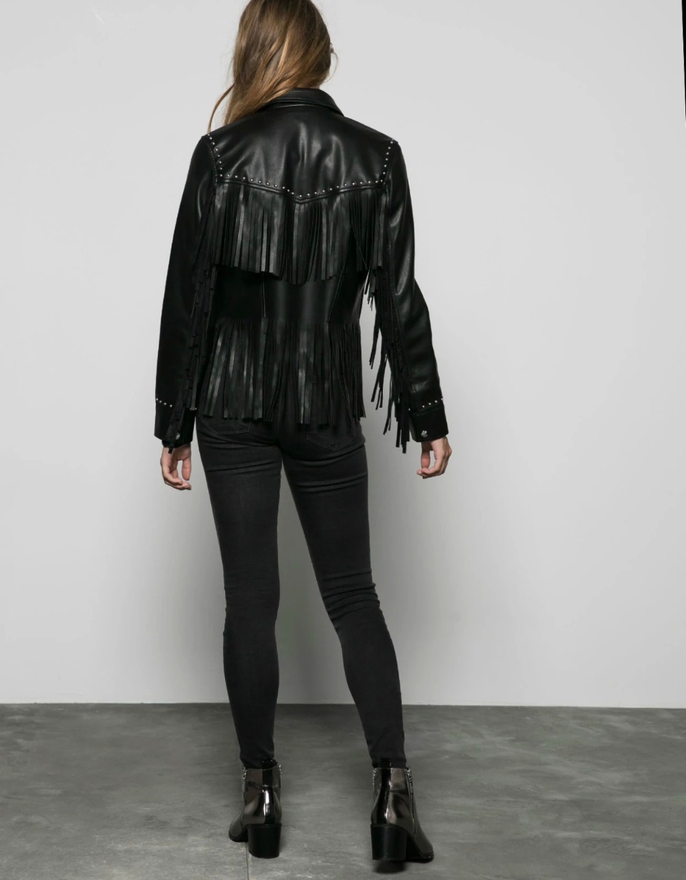 Fashion Women Rock style faux leather black Rivet Tassel Turn-down collar zipper jacket coat Casual jaqueta feminina Brand
