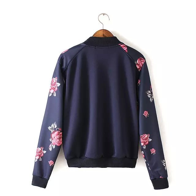 Fashion Women Rose Floral print coat outwear pockets Jacket O-neck long sleeve casual brand tops