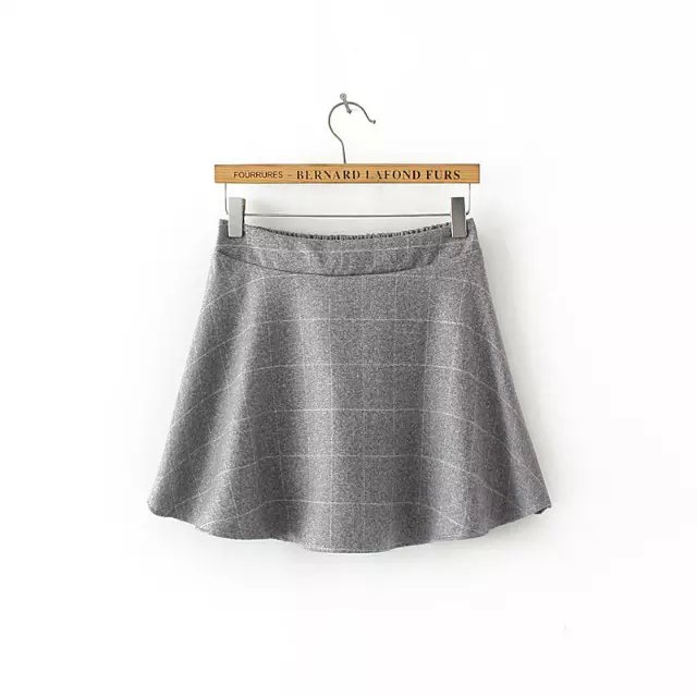 Fashion Women school style gray A-Line Plaid woolen High Waist Elastic Waist Mini Skirts Casual brand
