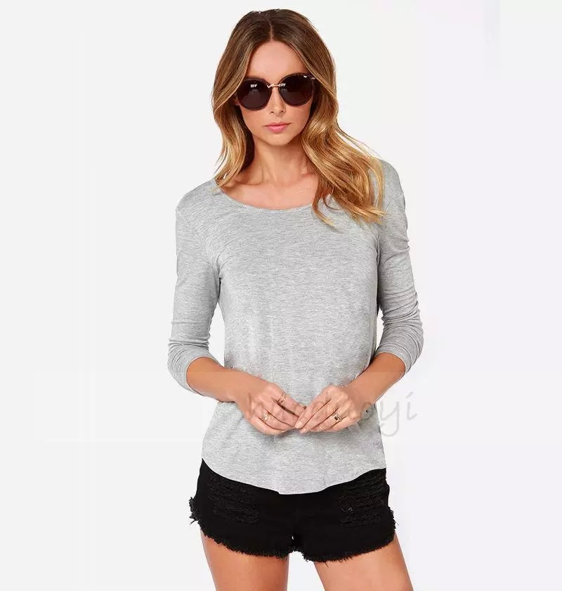 Fashion women sexy Gray black back bow O-neck backless T-shirt long Sleeve casual brand tops plus size