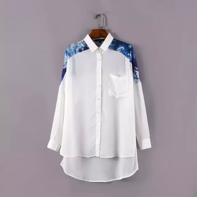 Fashion Women Shoulder Floral Print Patchwork White Blouses Turn down collar long Sleeve Pocket shirts brand Tops