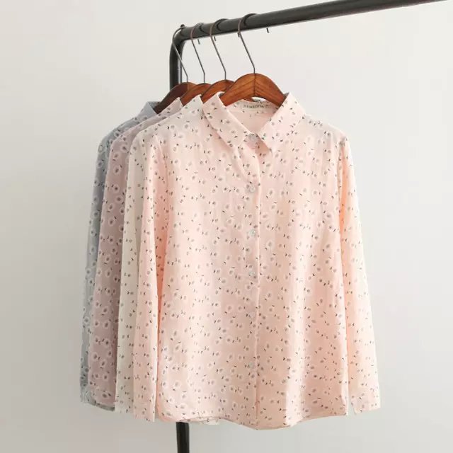 Fashion Women spring Floral print button cotton blouse vintage turn-down collar Long sleeve female shirts casual brand