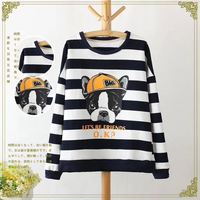 Fashion women striped dog Letter print pullover sweatshirts Casual O-neck Batwing Sleeve winter thick hoodies brand tops