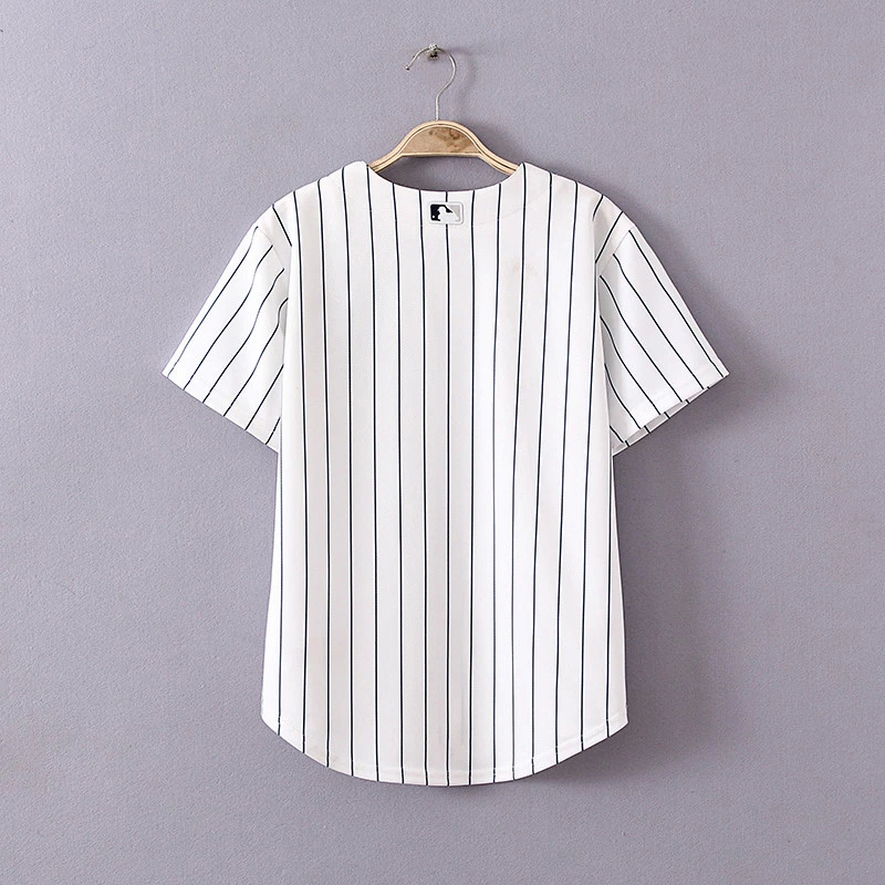 Fashion Women striped print New York Embroidery button bascketball T-shirt V-Neck short sleeve white Casual Brand
