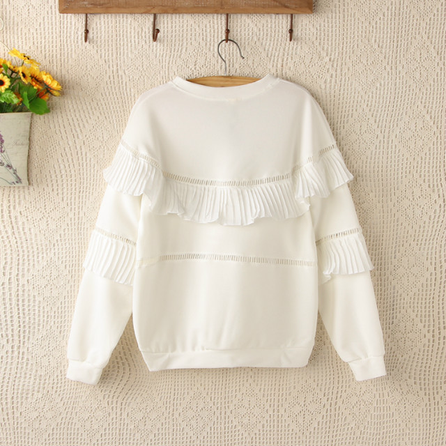 Fashion women sweet Sweatshirts white Ruffles hollow out long sleeve O-neck Pullover hoodies brand tops female