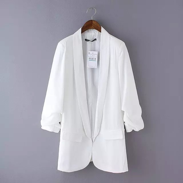 Fashion women three quarter sleeve white pocket no button office blazer feminino Female jacket casual brand blaser