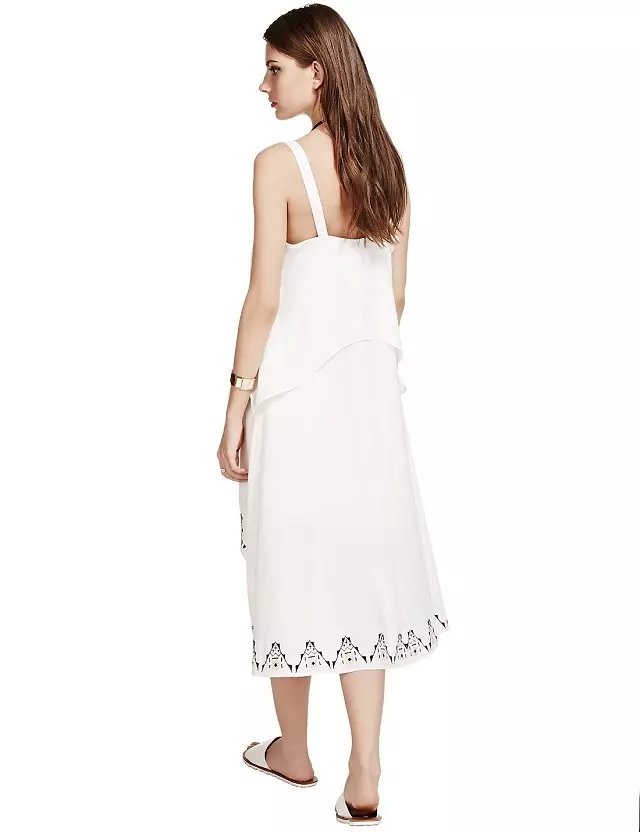 Fashion women White Spaghetti Strap backless Geometric Embroidery knee-length Asymmetrical Dresses sleeveless casual brand
