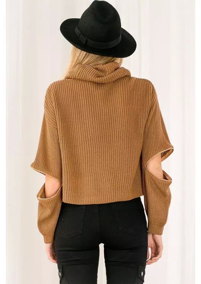 Fashion women winter brown Turtleneck open zipper sleeve knitted Oversized sweater short pullover loose Casual brand