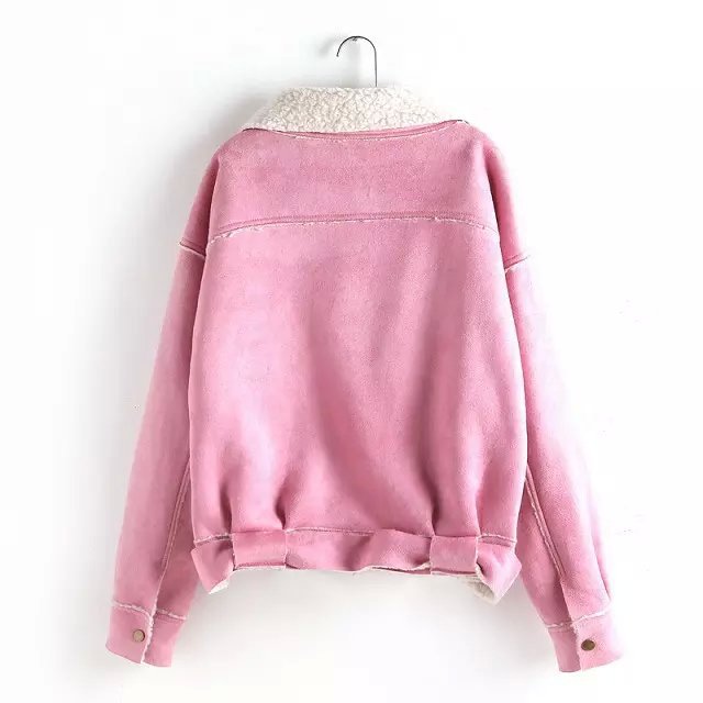 Fashion Women Winter Faux Suede Leather Pink Jacket Zipper Coats Casual Turn-down collar Plus Size brand Outwear