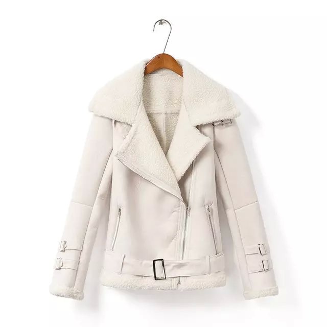 Fashion Women Winter Faux Suede Leather white Jacket Zipper pocket Coats Casual Turn-down collar Plus Size brand Outwear