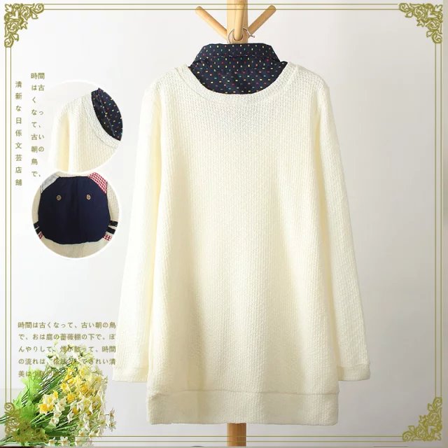 Fashion women Winter sweet beige knitted Cat patchwork turn-down collar mini Straight dress long sleeve casual brand
