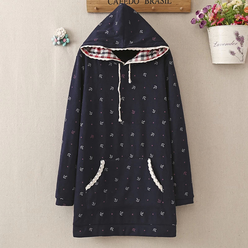 Fashion women winter thick Anchor print Drawstring hooded Lace pocket Pullover Casual hoodies long sleeve Sweatshirts