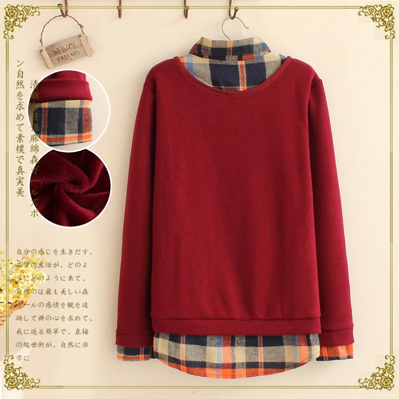 Fashion Women winter thick red Letter plaid patchwork print turn-down collar pullover sweatshirts Casual hoodies brand