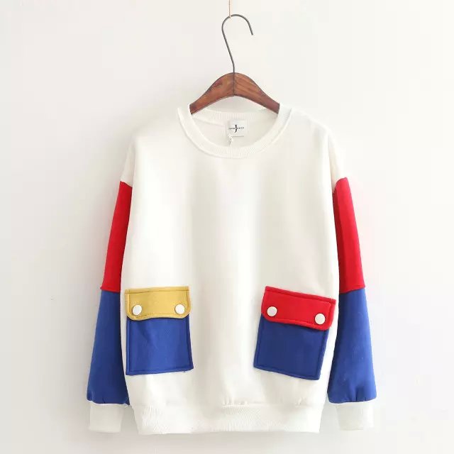 Fashion Women winter thick school style white Color Matching pocket pullover sweatshirt Casual long sleeve hoodies brand