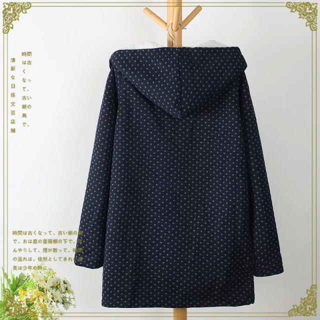 Fashion Women winter thick warm Cotton Hooded Geometric Dot print Parkas knitted patchwork gloves Pocket button Casual Coat