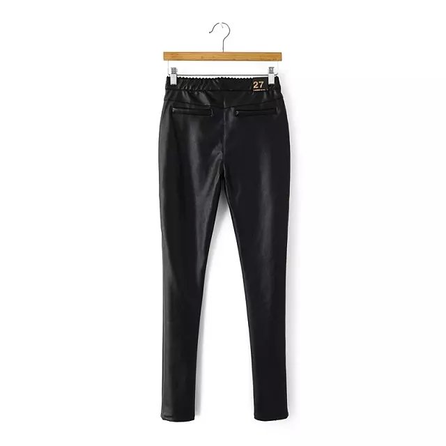 Fashion women winter warm Fleece Black sexy faux leather pant cozy Leggings trousers pocket elastic waist casual brand