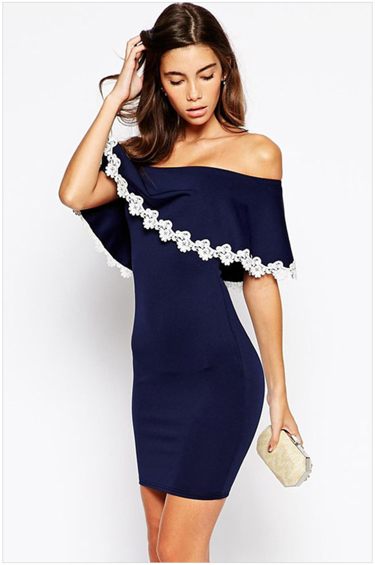 Fashion Womens Elegant Blue sexy lace Dresses slash neck sleeveless casual stretch brand mini dress