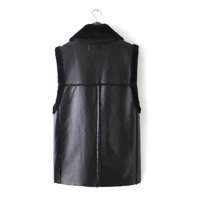 Faux leather for Women black Punk style Vest winter Warm Thick Sleeveless Fur neck zipper casual brand jaqueta feminina