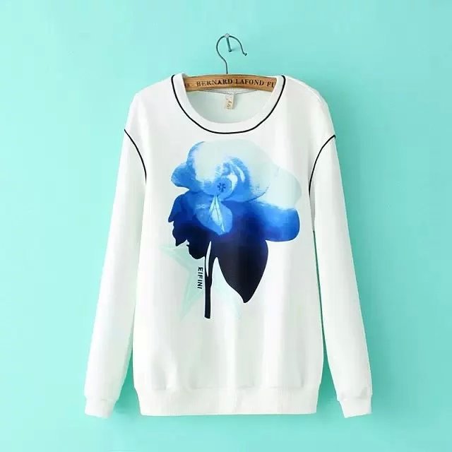Female Sweatshirts Fashion Orchid Pattern O Neck White Pullover Autumn long sleeve brand Casual women vogue