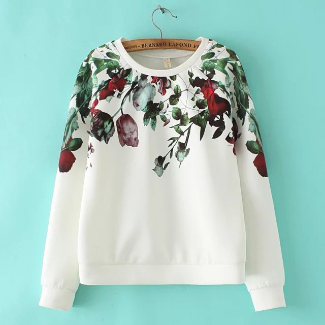 Female Sweatshirts Fashion white Floral print O-Neck sport Pullover long sleeve hoodies Casual brand women vogue