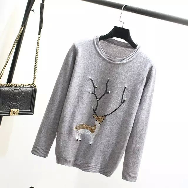 Knitting Sweater for women Autumn fashion red pullovers Sequins Pearl deer O-Neck casual long Sleeve Brand Tops