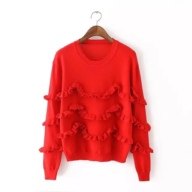 Knitting sweaters for women Autumn Fashion Ruffles Red O neck Pullover knitwear long sleeve Casual knit brand top