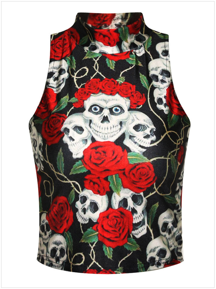 Summer Fashion Women Rose Skull Print Turtleneck sleeveless casual cozy stretch brand designer Tank Crop tops