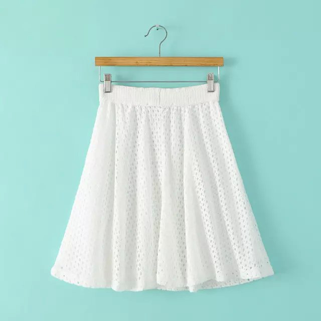 Summer Women Elegant Lace Hollow out white Elastic Waist Skirt casual brand designer vestidos