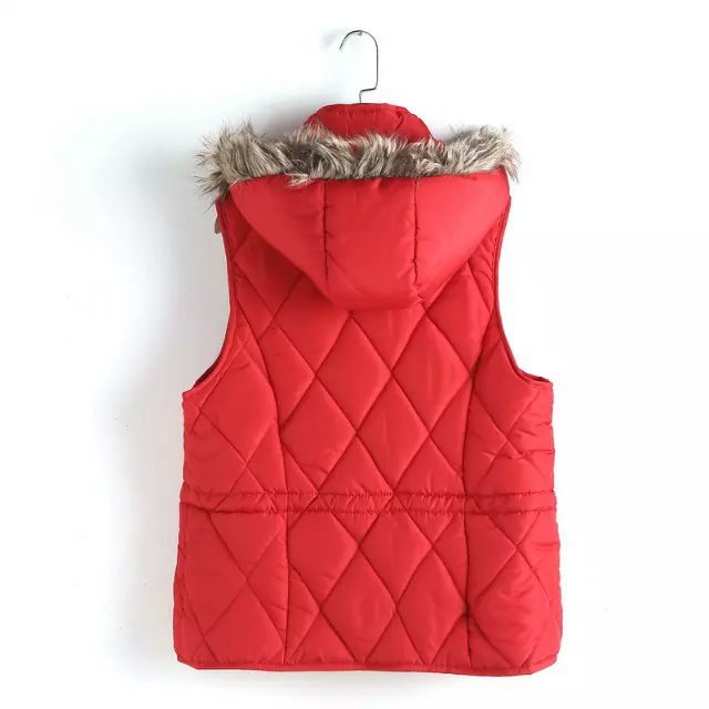 Winter Jacket Women Elegant Fur Cotton Hooded Zipper Pocket Sleeveless Parka Coat Outwear Casual Vest Red Black