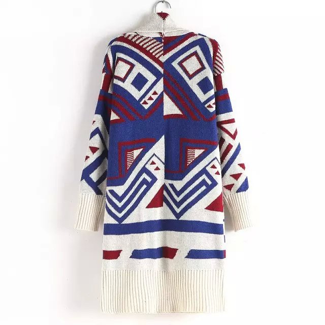 Winter thick warm Fashion Women Elegant Geometric pattern Knitted Long Sweaters Cardigan turn-down collar Casual Outwear