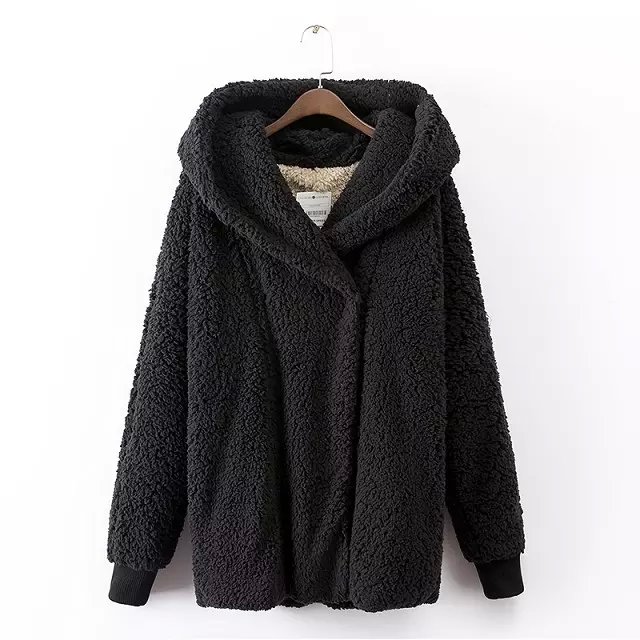 Winter women European fashion winter thick warm elegant Black faux Fur coat long sleeve button hooded pocket casual brand