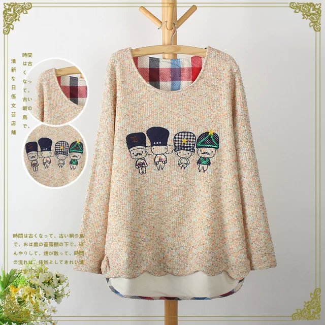 Winter women fashion Colored yarn Cartoon Embroidery pullover knitted Sweaters casual long sleeve O-Neck loose Brand