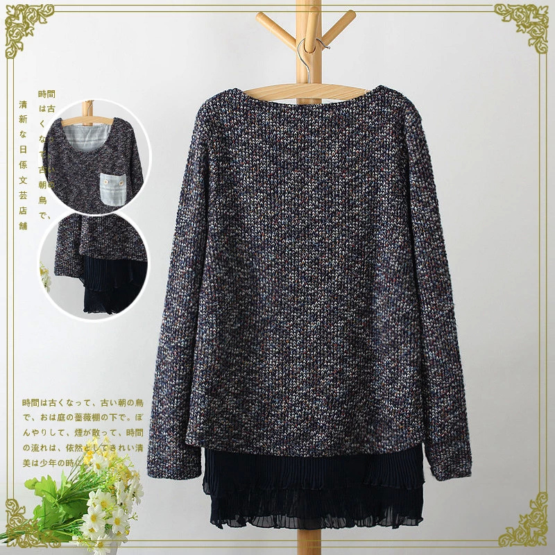 Winter women fashion Colored yarn chiffon patchwork pocket pullover knitted Sweaters casual long sleeve O-Neck Brand