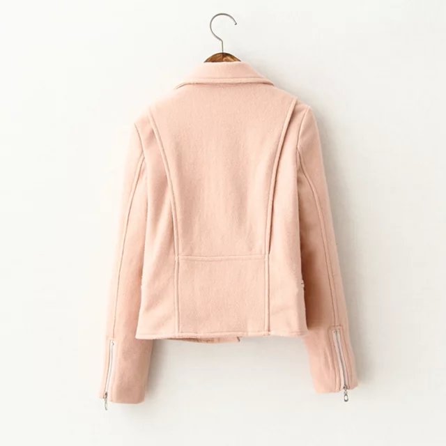 Winter women fashion elegant Pink woolen short coat long sleeve zipper pocket Turn-down collar pocket outwear casual brand