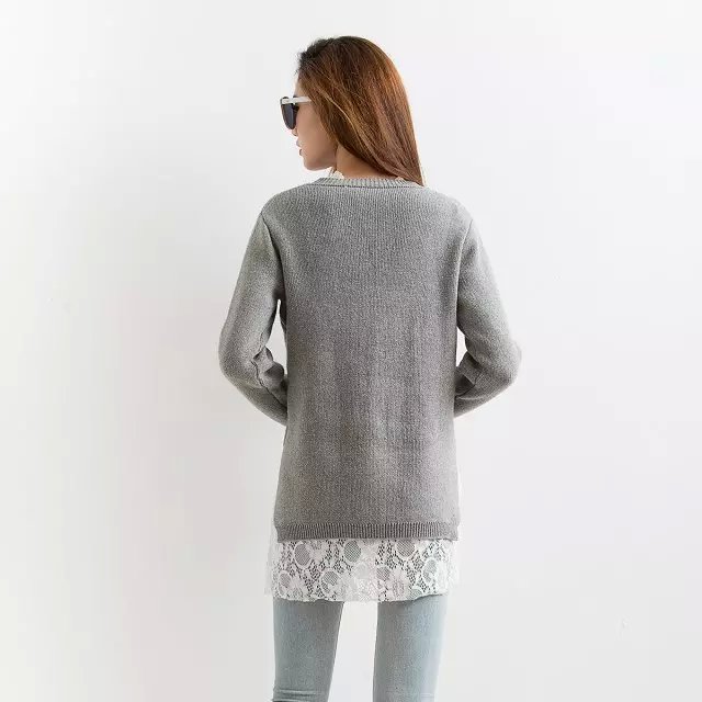 winter Women Two Piece Sets New Fashion Gray Knitted Sweaters + blouse O-Neck long Sleeve lace Pullover casual Brand