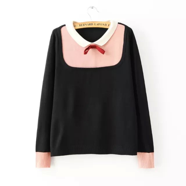 Women Autumn Fashion cute school style blue Knitted sweaters Peter Pan Collar Pullover long sleeve bow Casual brand tops