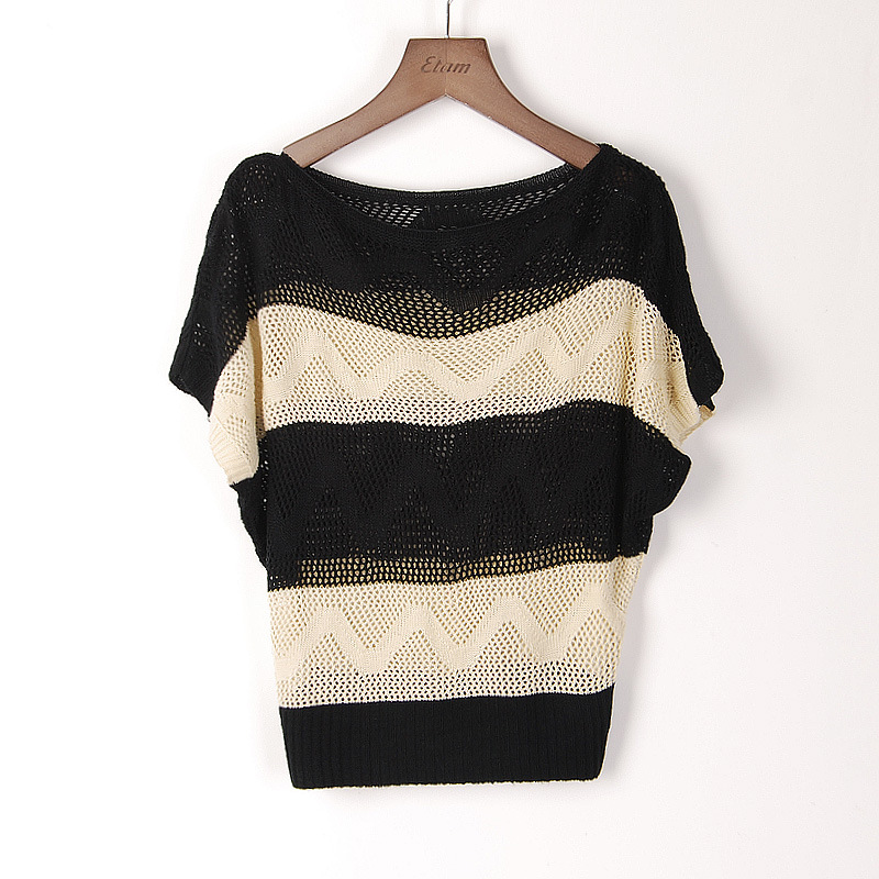 Women Autumn Knitted Sweaters Fashion Striped Wave pattern hollow out O-neck short Sleeve Casual brand tops