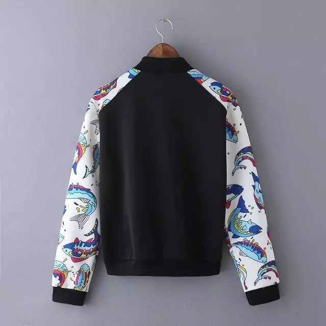 Women baseball jacket Fashion Autumn fish pattern Patchwork black sport pocket Casual Long sleeve brand tops
