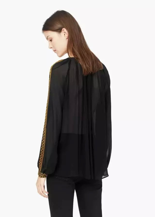 Women blouse Fashion Black Elegant vintage chiffon Geometric Embroidery drawstring O-neck long Sleeve Retro casual female