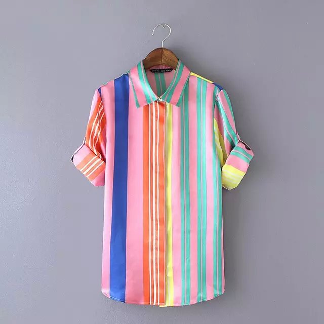 Women blouses Fashion rainbow stripes print Turn-down collar Long sleeve work wear satin shirt casual brand tops