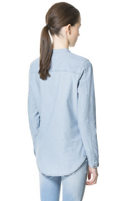 Women denim Blouse Fashion Pocket Standing collar Button long Sleeve blue Office Lady Casual shirt blusas Brand