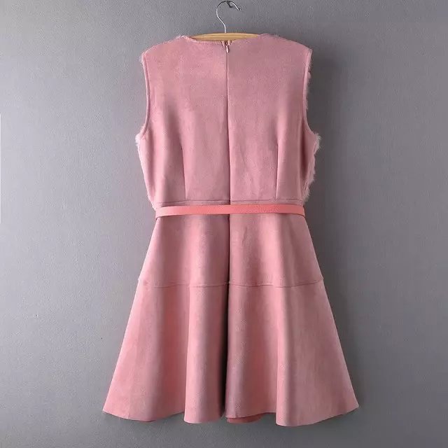 Women dress Fashion winter Pink faux fur patchwork Faux suede leather Sleeveless with belt mini pleated Dress casual brand