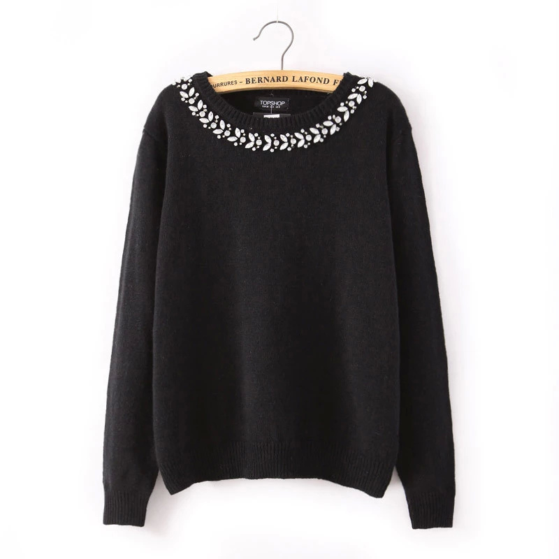 Women Fashion elegant black pearl Beading Knitted Sweaters Pullovers long Sleeve O-neck Casual sweet brand female