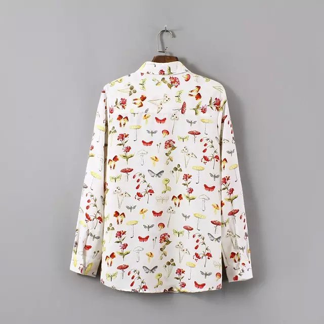 Women fashion elegant Floral mushroom print blouses long sleeve Button pocket Turn-down collar shirt casual brand tops