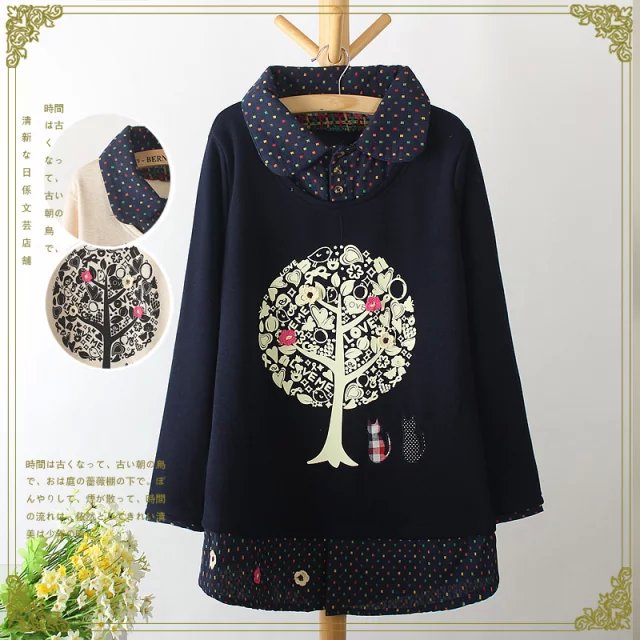 Women fashion elegant winter thick Tree print Cat Embroidery gray Patchwork pullovers Casual turn-down collar brand Tops