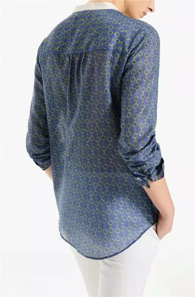 Women feminine blouse Fashion chain Print Standing collar office lady sexy blue shirt Long Sleeve casual Brand tops