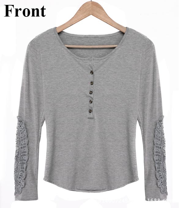 Women Gray Fashion button lace Embroidery patchwork hollow out long Sleeve shirts Casual brand Tops plus size