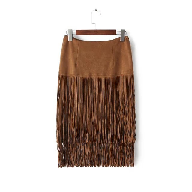 Women Mid-Calf skirt Fashion Faux Suede leather brown High waist Zipper Tassel stretch Female saias feminina faldas jupe