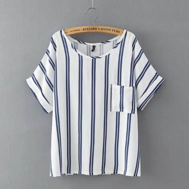 Women short sleeve T-shirts Fashion Vertical striped print O Neck Pocket shirt blusas camisa casual loose Brand tops